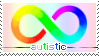 stamp with a rainbow infinity symbol and 'autistic' in rainbow letters